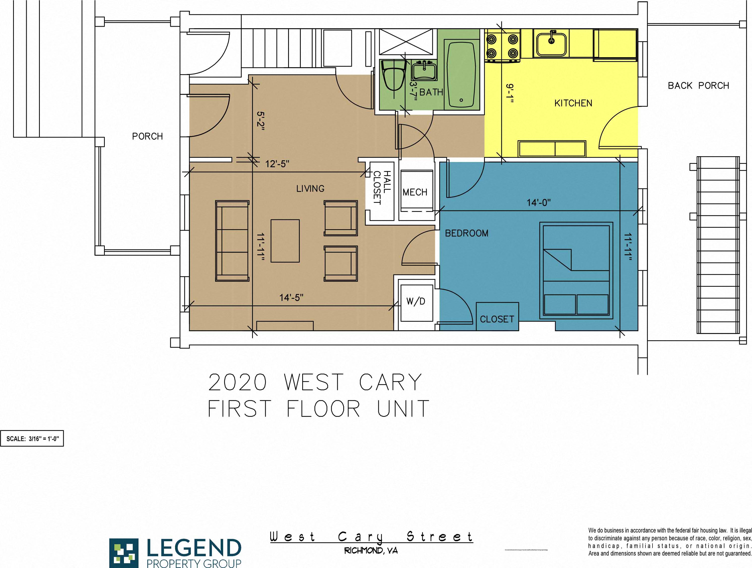 Floor plan for 1 bed, 1 bath, 691 sqft